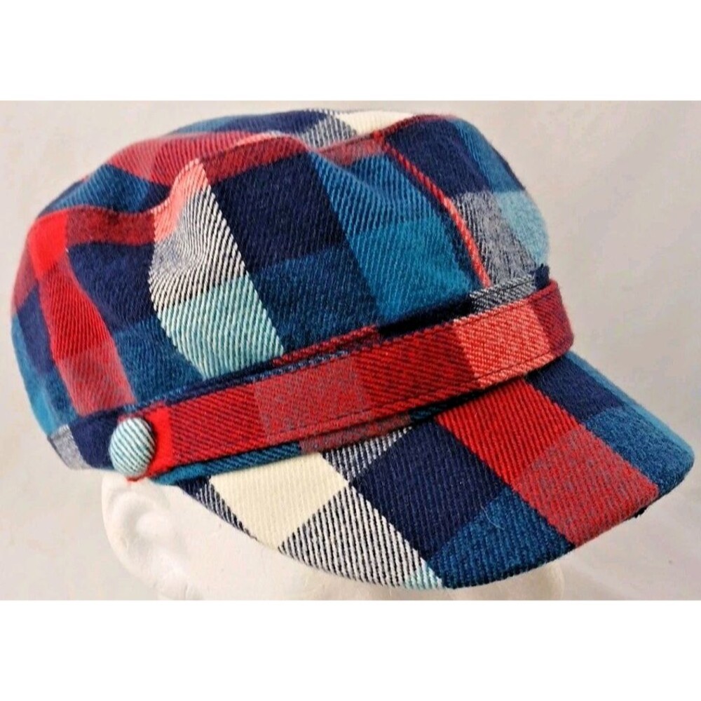 D&Y David & Young Blue & Red Plaid Flannel Elastafit Cadet Hat/Cap-EXCELLENT!